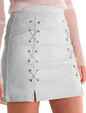 katiewens Women's Classic High Waist Lace Up Bodycon Faux Suede A Line Mini Pencil Skirt