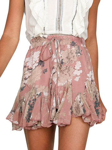 Season 4 Women's Dot Floral Print Ruffle Mini Skirt High Waist A line Skirts with Tassels