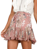 Season 4 Women's Dot Floral Print Ruffle Mini Skirt High Waist A line Skirts with Tassels