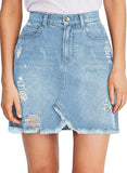 luvamia Women's Casual Mid Waisted Washed Frayed Pockets Denim Jean Short Skirt