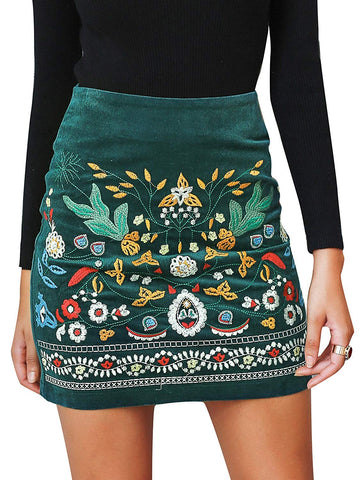 BerryGo Women's High Waist Embroidered Mini Skirt Boho Floral Pencil Skirt