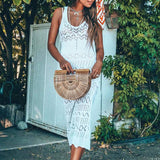 NODELAY 2018 New Women Knitting Bikini Cover up Low cut Beachwear Pareo Sexy Beach Cover-up Hollow out Long Beach Dress White