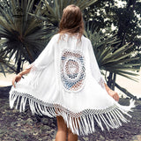 CUPSHE White Tassel Crochet Bikini Cover Up Sexy Back Cut Out Kimono Women 2019 Beach Bathing Suit Beachwear Tunic Shirt