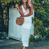 NODELAY 2018 New Women Knitting Bikini Cover up Low cut Beachwear Pareo Sexy Beach Cover-up Hollow out Long Beach Dress White