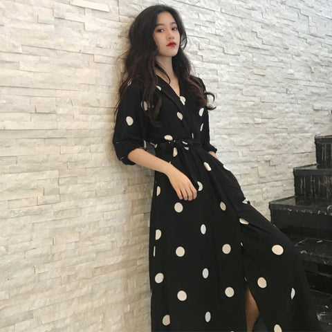 Long V-Neck Dot Cute Dress