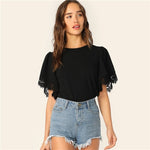 Casual Lace Trim Black Blouse